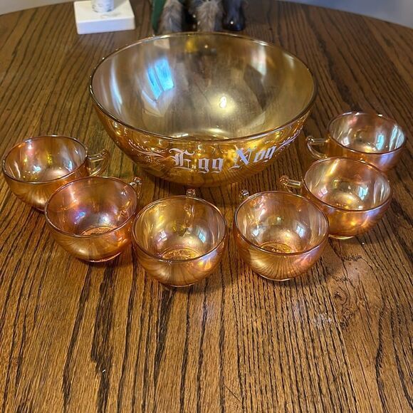 Other - Jeanette Marigold Carnival iridescent orange egg nog glass bowl glasses
